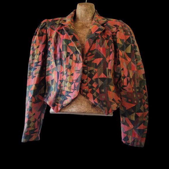 Vintage 90s  Geometric Pattern Cropped Blazer Jacket With Statement Buttons - Picture 1 of 11